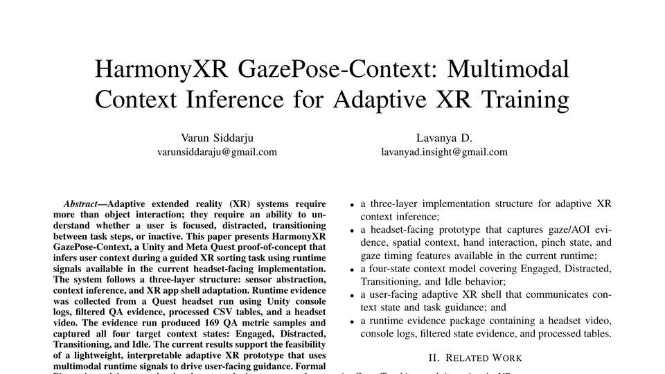 Cropped title-page preview of the HarmonyXR GazePose Context prototype paper draft