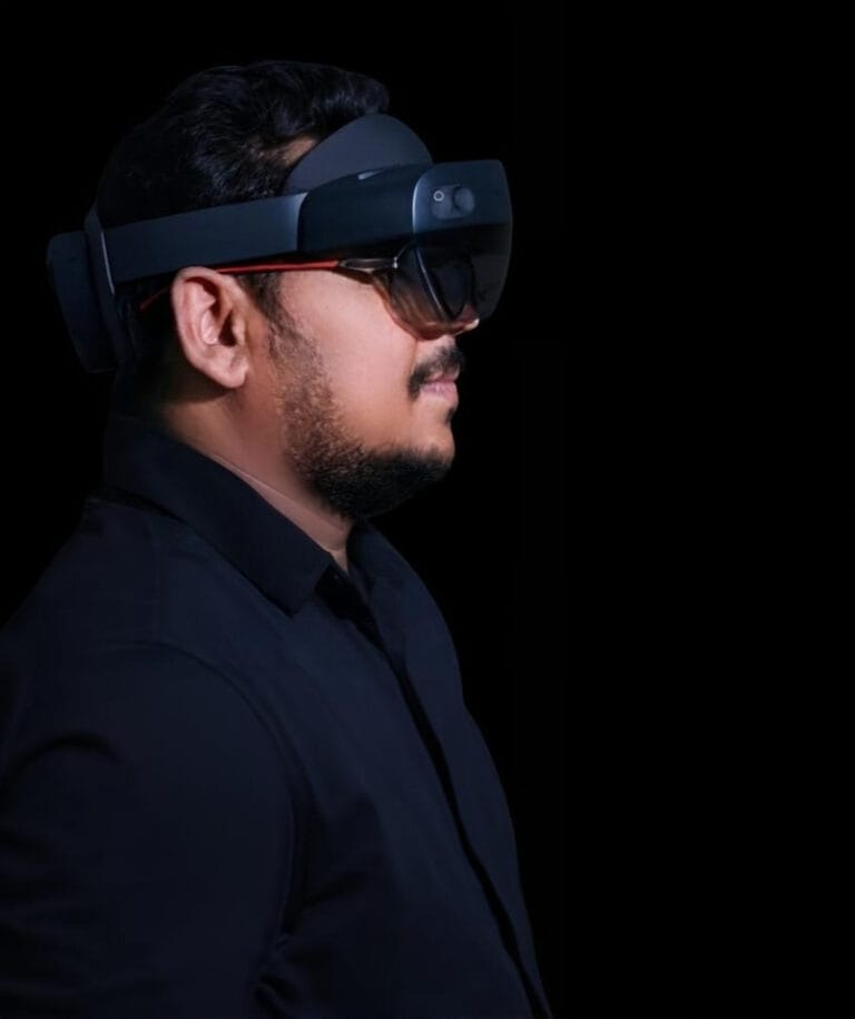 Varun Siddaraju’s mixed-reality portfolio featuring a participant testing a HoloLens device for spatial computing research.