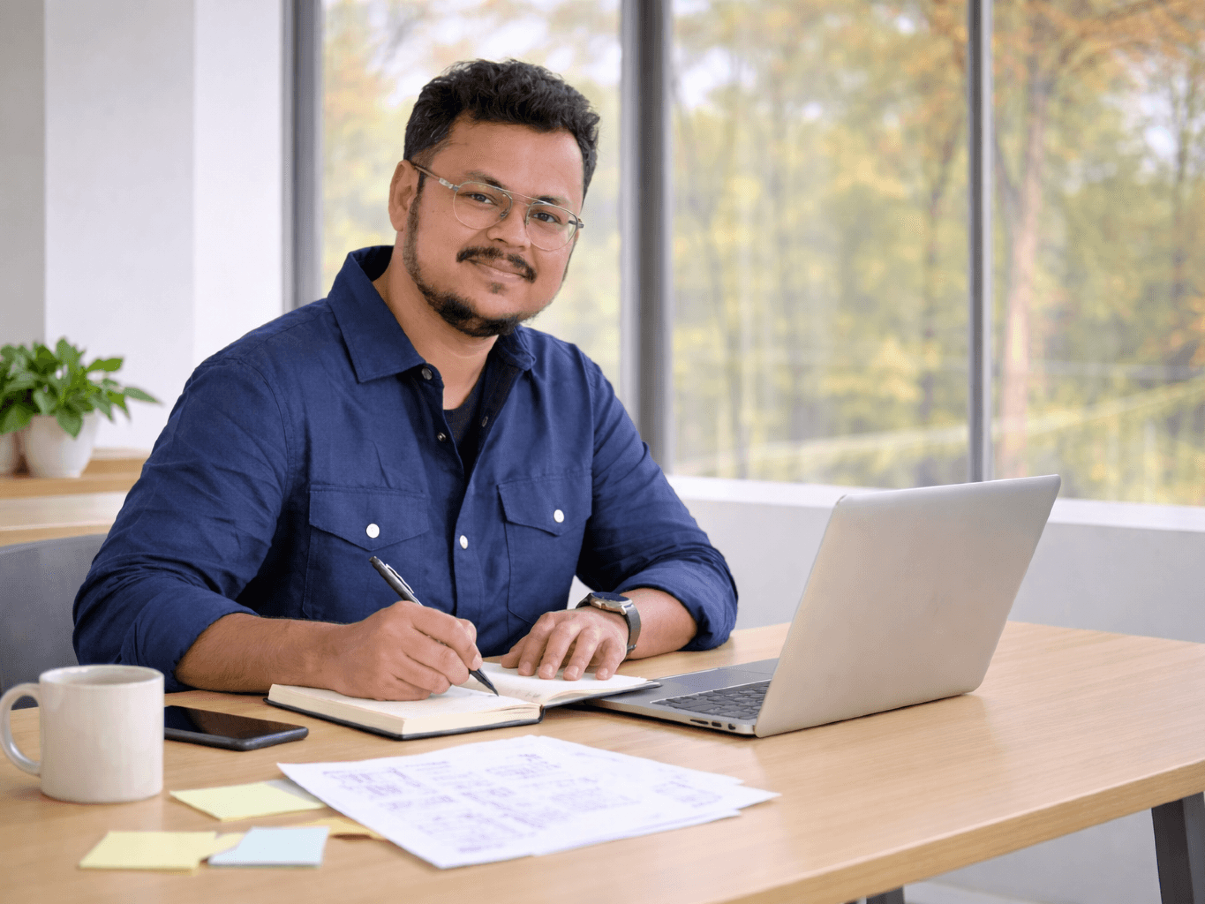 Varun Siddaraju working at a desk during focused XR and AI research and strategy planning