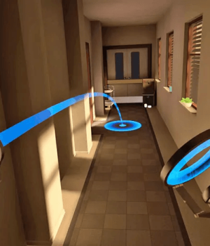 User interacting with a VR teleportation system, showing a blue arc trajectory and a highlighted destination point inside a virtual corridor.